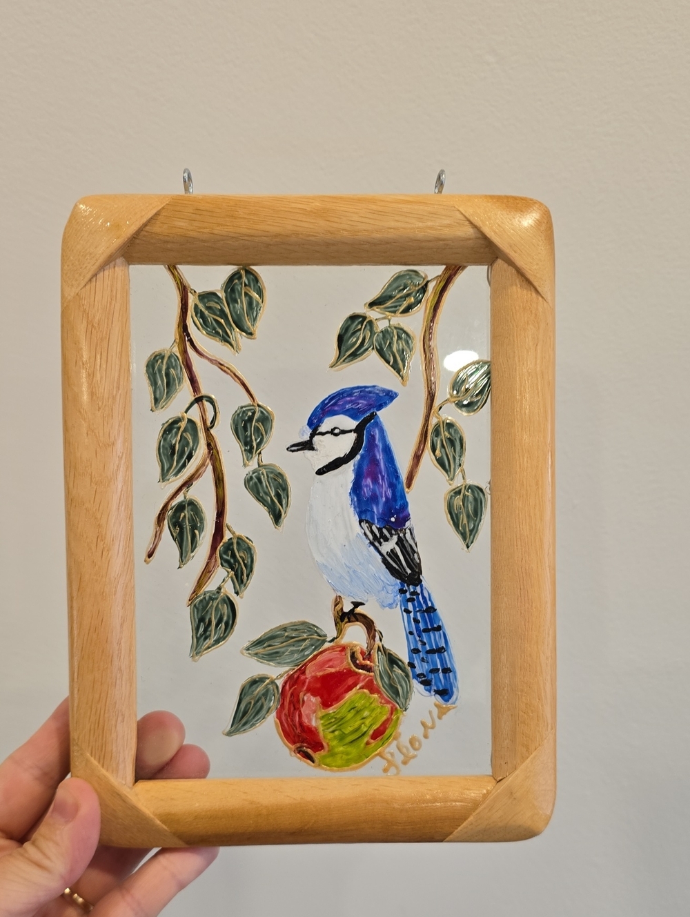 Vintage Hand Painted Blue Jay Glass Art Hanging - Blue and Multicolor Bird Decor